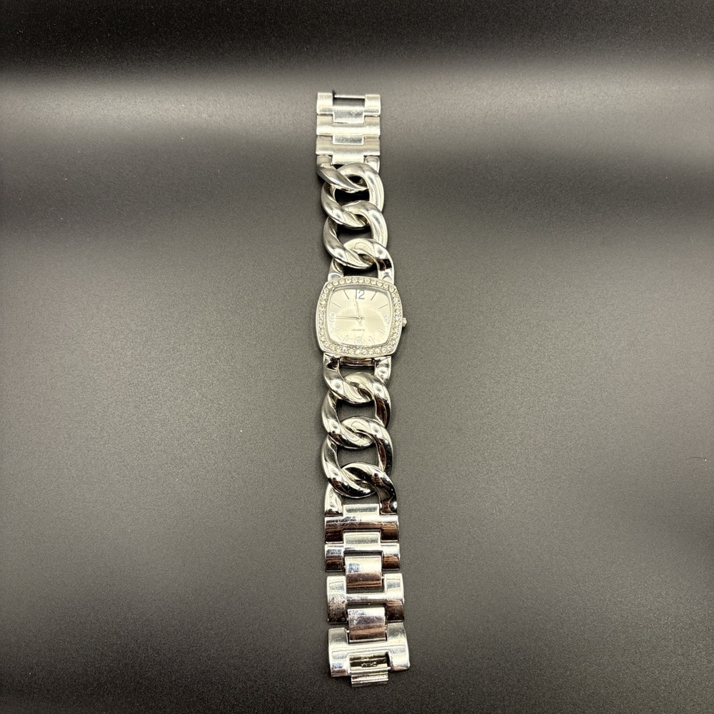 Avenue Womens Silver Tone Chain Link Watch Rhinestone Bezel Square Face
